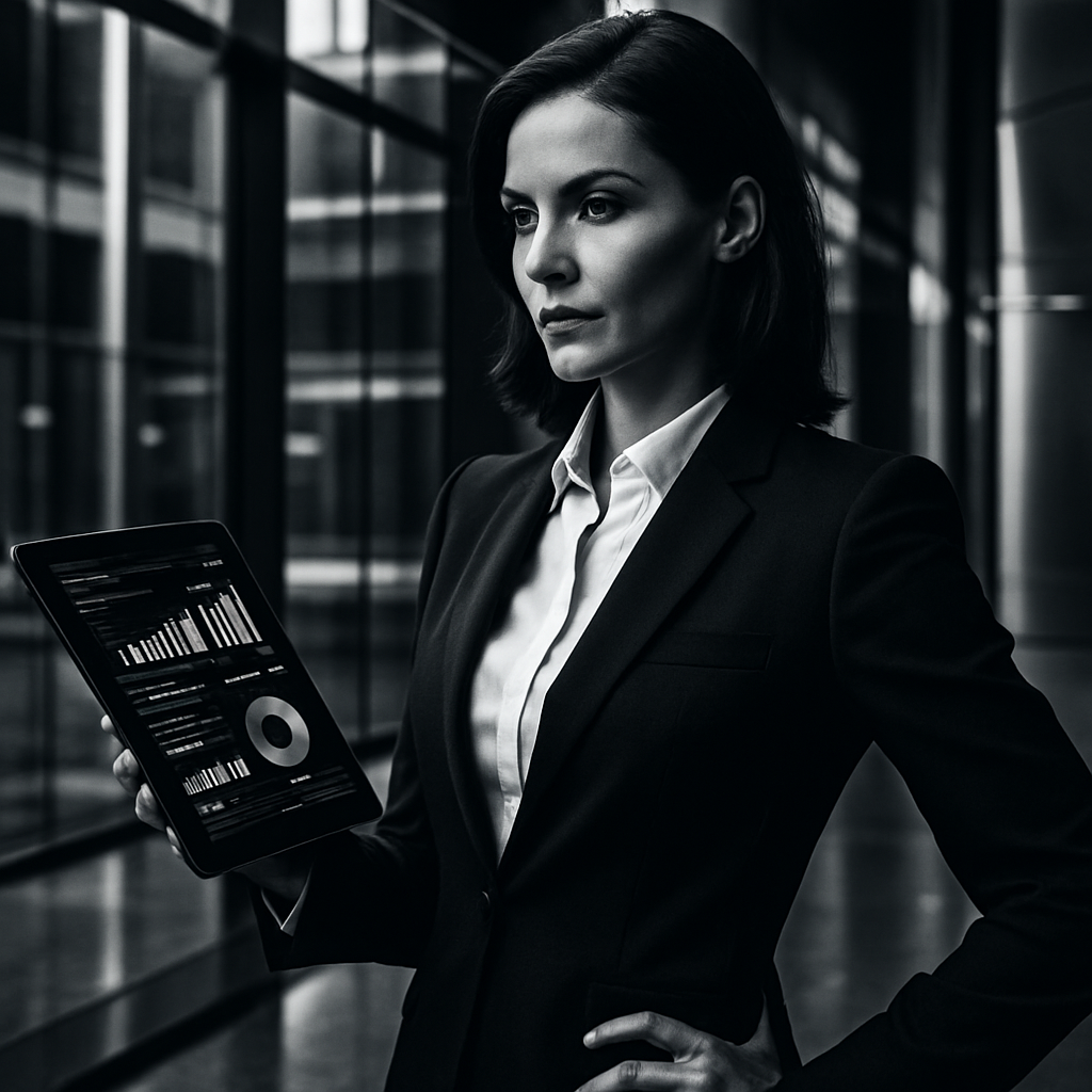 A confident female tech executive reviewing metrics on a tablet in a modern office